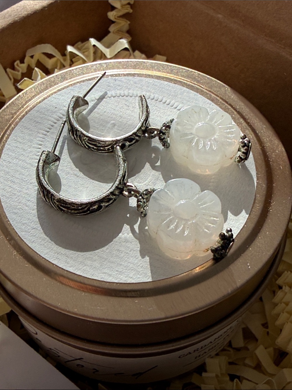 Silver Hoop Earrings with White Carved Flower Drops